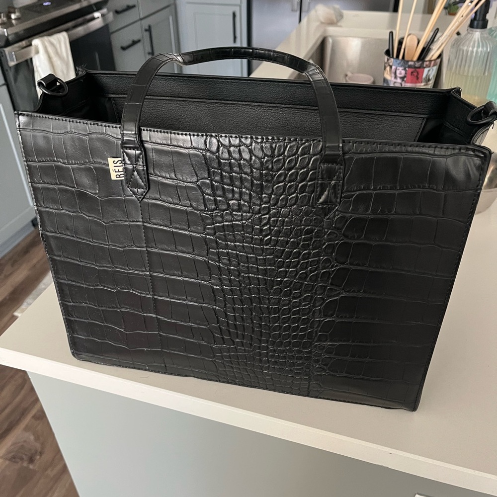 BEIS Black Crocodile-Embossed Tote Bag